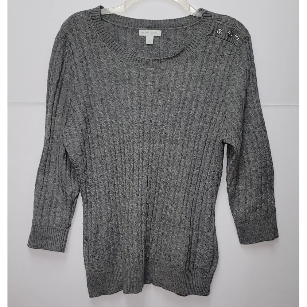 NY & Co Gray Cable Knit Button Shoulder Sweater 3/4 Sleeve Women's L Office Chic